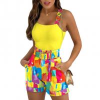 Polyester Women Casual Set & two piece short & tank top printed yellow Set