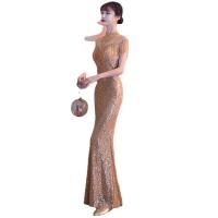 Sequin & Polyester Slim & High Waist Long Evening Dress see through look patchwork Solid PC