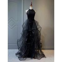 Polyester Slim & High Waist Long Evening Dress & off shoulder patchwork Solid black PC