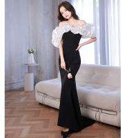 Polyester Slim & High Waist Long Evening Dress & off shoulder patchwork two different colored PC