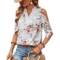 Cotton Women Short Sleeve Blouses & off shoulder & hollow printed floral multi-colored PC