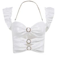 Polyester Slim Women Short Sleeve Blouses backless & off shoulder & hollow patchwork Solid white PC