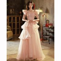 Polyester Slim & High Waist Long Evening Dress patchwork Solid pink PC
