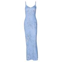 Polyester Slim & High Waist Slip Dress printed blue PC