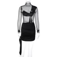 Polyester Slim & High Waist Sexy Package Hip Dresses see through look patchwork Solid black PC