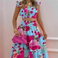 Polyester Two-Piece Dress Set & two piece printed floral blue Set