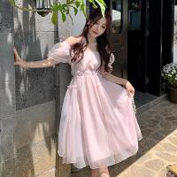 Acrylic Waist-controlled One-piece Dress patchwork Solid pink PC