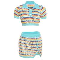 Polyester Slim Two-Piece Dress Set & two piece knitted striped multi-colored Set