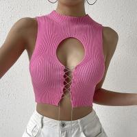 Polyester Slim & Lace Up Tank Top knitted Solid pink PC