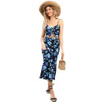 Polyester Slim Two-Piece Dress Set & two piece printed shivering blue Set