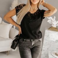 Polyester Women Short Sleeve T-Shirts & hollow patchwork PC