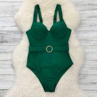 Polyester One-piece Swimsuit backless & skinny style Solid green PC