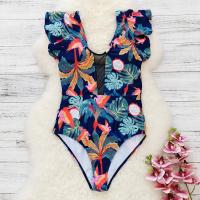 Polyester One-piece Swimsuit see through look printed leaf pattern mixed colors PC