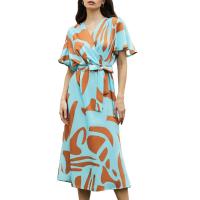 Polyester Plus Size One-piece Dress deep V printed PC