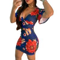 Polyester Plus Size & Sheath Sexy Package Hip Dresses deep V printed floral PC