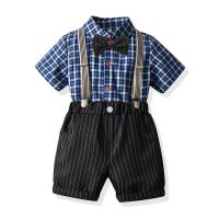 Cotton Boy Clothing Set & two piece suspender pant & top printed plaid Set