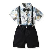 Polyester & Cotton Boy Clothing Set suspender pant & tie & top patchwork leaf pattern Set