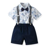 Polyester & Cotton Boy Clothing Set suspender pant & tie & top printed leaf pattern Set