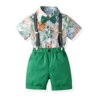 Polyester & Cotton Boy Clothing Set suspender pant & tie & top printed leaf pattern Set