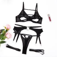 Polyester Sexy Bra Set & two piece & skinny style black Set
