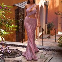 Polyester Waist-controlled & Slim Long Evening Dress backless & hollow & One Shoulder patchwork Solid pink PC