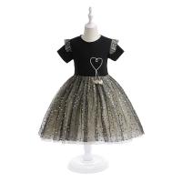 Sequin & Gauze & Cotton Soft & Ball Gown Girl One-piece Dress printed heart pattern black PC