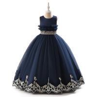 Gauze & Cotton Soft & Princess Girl One-piece Dress large hem design Solid deep blue PC