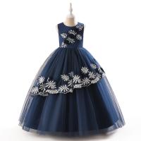 Gauze & Cotton Ball Gown Girl One-piece Dress large hem design Solid Navy Blue PC