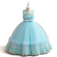 Gauze & Cotton Ball Gown Girl One-piece Dress Cute & large hem design Solid sky blue PC