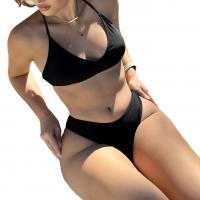 Polyester Bikini backless & padded plain dyed Solid black Set
