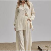 Linen Women Casual Set & two piece & loose Long Trousers & top Solid Set