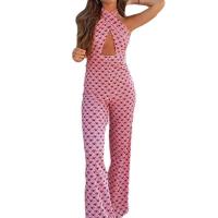 Polyester Plus Size Long Jumpsuit backless printed pink PC
