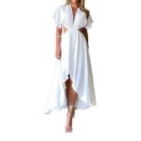 Polyester Plus Size One-piece Dress irregular & deep V Solid white PC