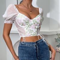 Spandex & Polyester Women Short Sleeve Blouses midriff-baring & skinny embroider floral white PC