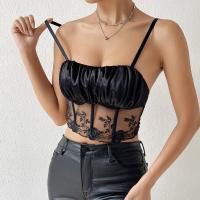 Polyester Camisole midriff-baring & see through look & skinny leaf pattern black PC