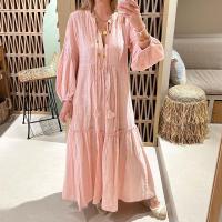 Cotton Linen One-piece Dress & loose Solid pink PC