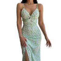 Spandex & Polyester Waist-controlled Slip Dress side slit printed shivering green PC
