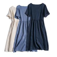 Cotton Linen One-piece Dress slimming patchwork Solid PC