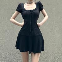 Knitted Waist-controlled One-piece Dress slimming patchwork Solid black PC