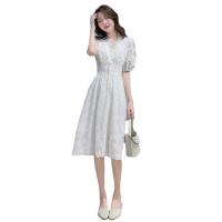 Chiffon & Lace Waist-controlled One-piece Dress deep V patchwork Solid white PC