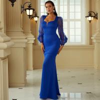Polyester Slim & High Waist Long Evening Dress patchwork Solid blue PC