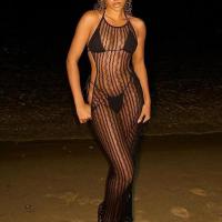 Polyester High Waist One-piece Dress see through look & backless black PC