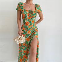 Polyester front slit & High Waist One-piece Dress printed PC
