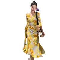 Polyester Slim & long style One-piece Dress printed shivering yellow PC