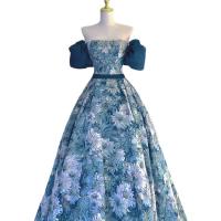 Polyester Waist-controlled & Slim Long Evening Dress backless & off shoulder patchwork floral PC