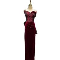 Polyester Waist-controlled & Slim Long Evening Dress backless & off shoulder patchwork wine red PC