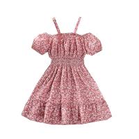 Polyester Princess Girl One-piece Dress & off shoulder patchwork pink PC