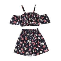Polyester Slim Girl Clothes Set & two piece Pants & top printed blue Set