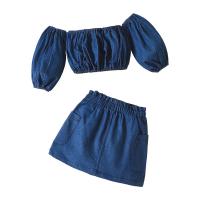 Algodón Conjunto De Ropa De La Muchacha, falda & parte superior, labor de retazos, Sólido, azul,  Conjunto
