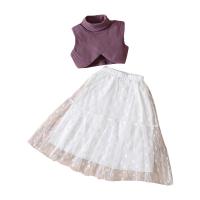 Polyester Slim Girl Clothes Set & two piece skirt & top patchwork Others two different colored Set